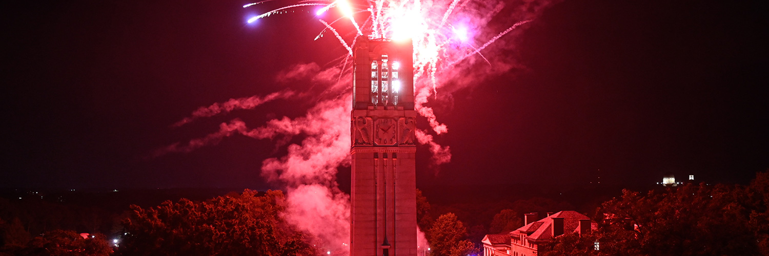 NC&#160;State's Memorial Belltower lit up by fireworks