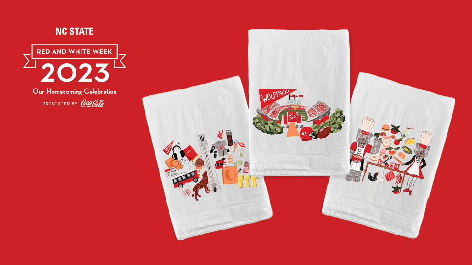 Three tea towels are displayed, each featuring different NC State-themed designs. One is a series of campus icons, one is Carter-Finley Stadium and one is Mr. and Ms. Wuf cooking.