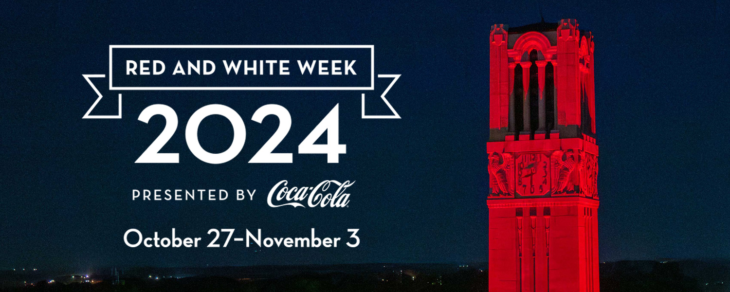 The Memorial Belltower lit red, alongside the text "Red and White Week 2024, presented by Coca-Cola, October 27-November 3."