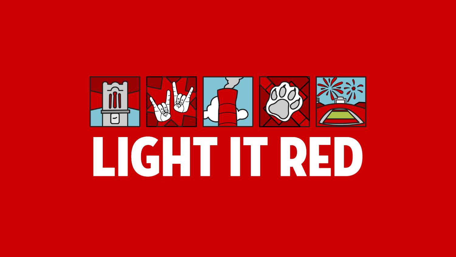 Tiled icons of illustrated campus scenes with the text "Light it Red" underneath